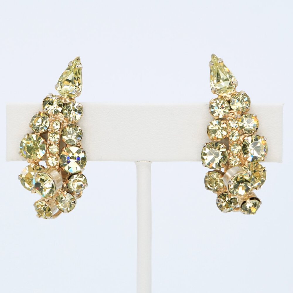 Vintage Verified Juliana Yellow Rhinestones Leaf Clip-On Climber‎ Earrings 1960s